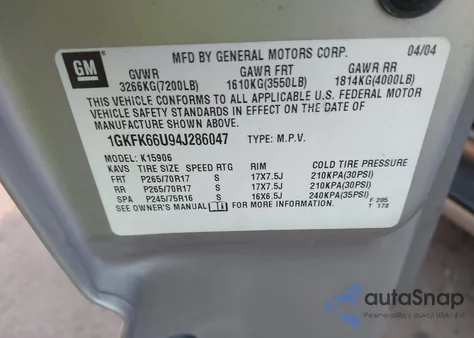 2004 GMC Yukon Xl 1500 Denali из США, поврежденный, VIN 1GKFK66U94J286047